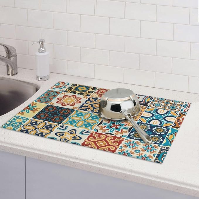 Talavera Mexican Tiles Dish Drying Mat 18x24 For Kitchen Counter Absorbent Microfiber Dishes Pad Dish Drainer Rack Mats Fast Dry Kitchen Accessories