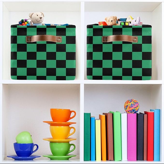 ALAZA Black Green Checkered Foldable Storage Box Storage Basket Organizer Bins with Handles for Shelf Closet Living Room Bedroom Home Office 1 Pack