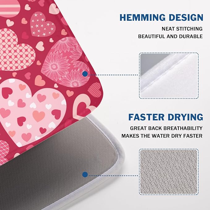 ABSOP Valentine's Day Dish Drying Mat 18 x 24 Inch Heart Shaped Pattern Dish Drying Pad Absorbent Microfiber Mats for Red Dish Rack Pad for Kitchen Counter Coffee Bar Decor