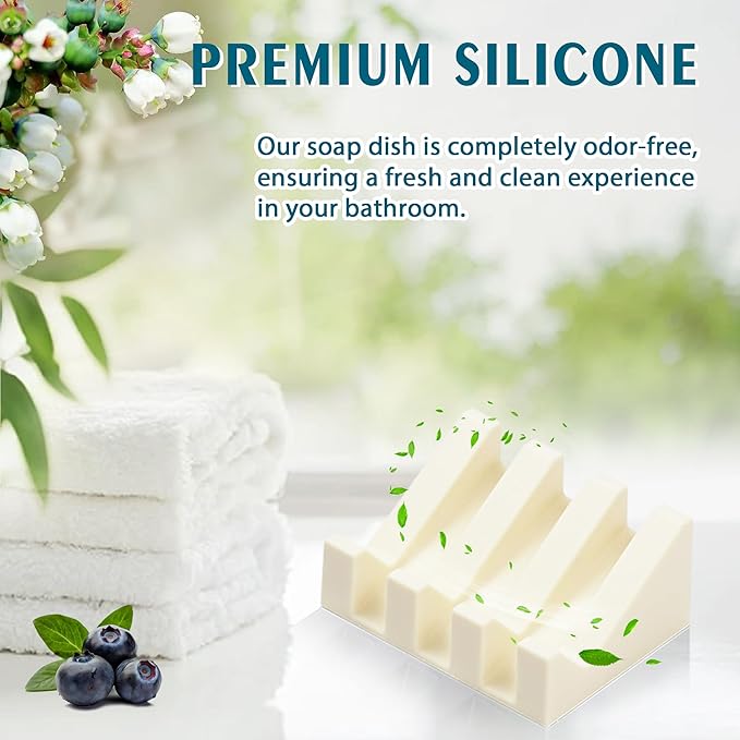 Silicone Soap Dish with Drain, Upgrade Double Suction Cups at The Bottom for Anti-Slip and Stability, Soap Dish Shower Waterfall Bar Soap Holder Tray with Drain Soap Holder (1, CreamWhite)