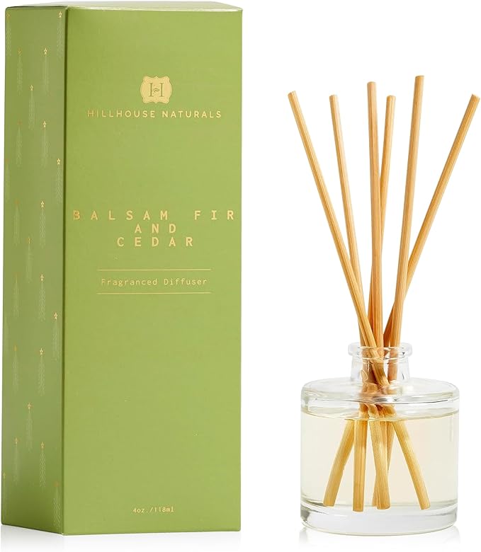 Hillhouse Naturals Reed Diffuser Set - Balsam Fir & Cedar Scent Diffuser - Reed Diffusers for Home with Long Lasting Fragrance – 4 oz Oil – Diffuse Time 4-6 Months – Made in The USA