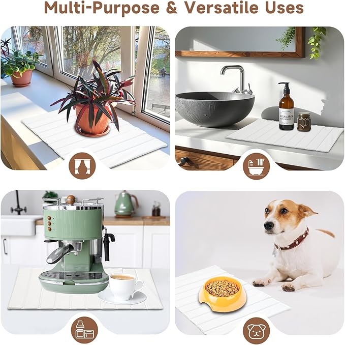Large Stone Drying Mat for Kitchen Counter with PU Leather, Quick Drying Collapsible Dish Drying Mats,25"(L)×16"(W) Absorbent Diatomaceous Earth Mats for Dishes Bottles Cups,Match Any Countertop