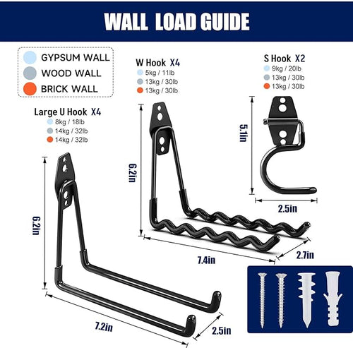 12 Pack Garage Hooks Heavy Duty, Iron Garage Storage Hooks with Anti-Slip Coating, Utility Wall Mount Hangers for Garden and Power Tools, Ladders, Bikes, Hoses and Bulky Items
