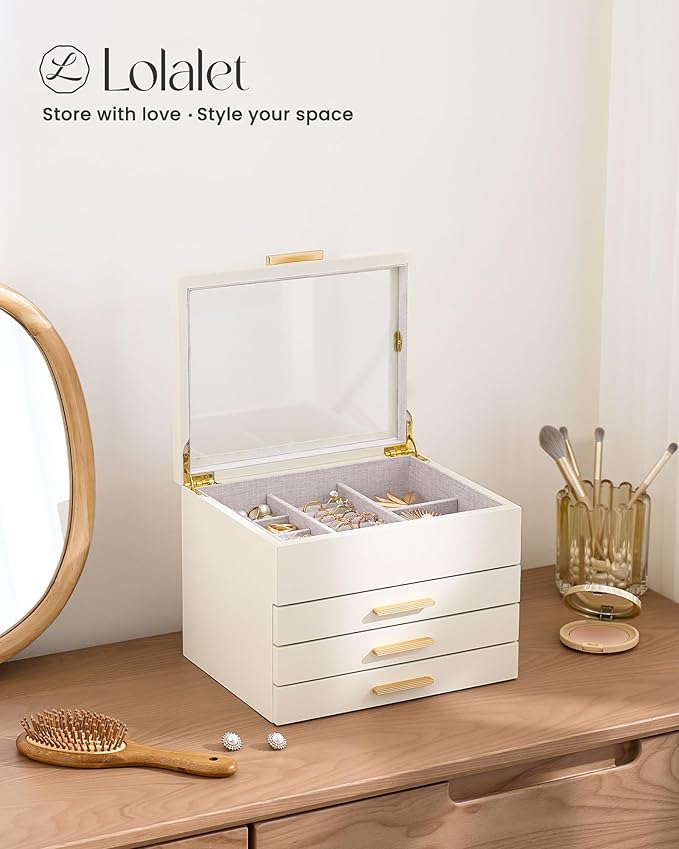 Lolalet Jewelry Box, Clear Window Wood Grain Jewelry Storage for Earrings Bracelets Necklaces Rings, High Capacity Organizer for Women -Beige, 4 Layers