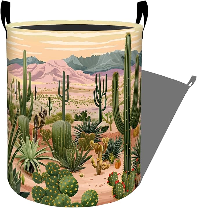 Tall Green Cactus in Vast Desert Laundry Basket with Handles, 19.7"x15.7" Clothes Foldable Laundry Hamper Organizer for Dorm Nursery Bedroom Bathroom Decor, Toy Storage Bin for Kids