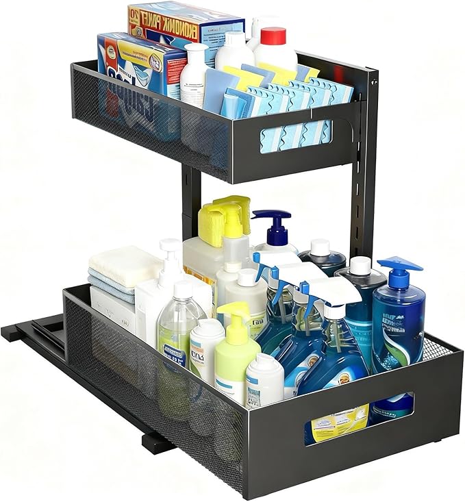 UINOFLE Under Sink Organizer, Adjustable Height 2 Tier Under Sink Organizers and Storage Multi-Purpose Under Sink Storage for Bathroom Kitchen