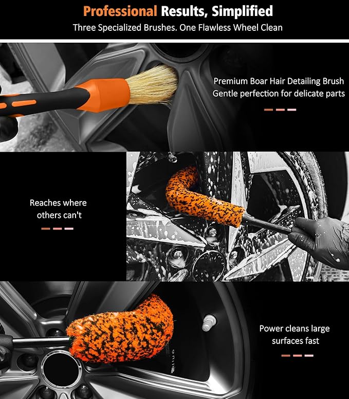 YeewayVeh 3PCS Quick Car Wheel Brush Kit, 2-Size 360° Bendale Rim Cleaner Brushes, Boars Hair Detailing Brush, Fast Scratch-Free Cleaning for Car Wheels, Motorcycle, Orange