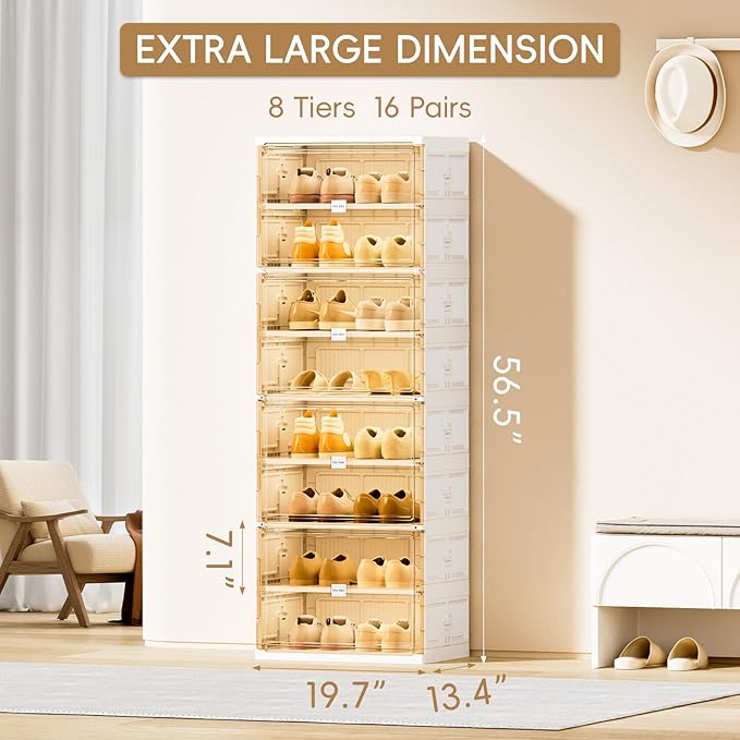 JEKO&JEKO 8-Tier Foldable Shoe Storage Box with Magnetic Doors, Large Stackable Shoe Organizer Cabinet for Entryway (White)