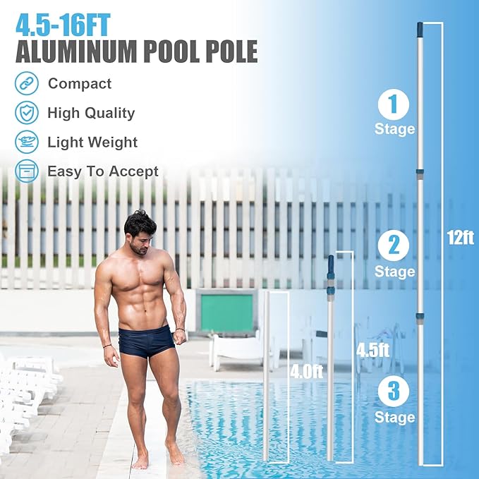 Swimming Pool Brush with Pole, 16ft Aluminum Telescopic Pool Poles and 18inch Polished Nylon Bristles Pool Brushes Head for Cleaning Pool Walls