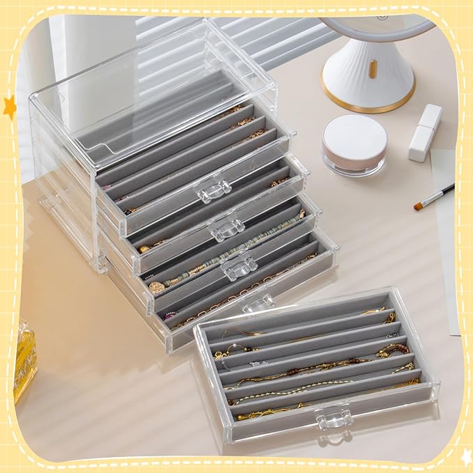 Necklace Organizer Box with 5 Drawers 30 Compartments, Dustproof Velvet Necklace Display Tray, Acrylic Necklaces Display Case, Pendant Chains Necklace Storage Tray Gift for Women and Girls (Grey)