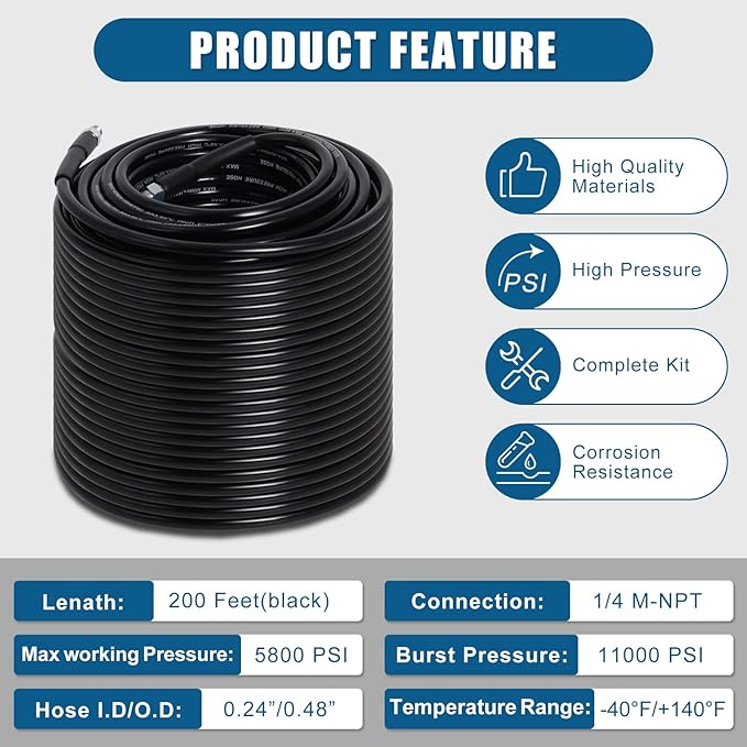 Zejoot 200FT Sewer Jetter Kit for Pressure Washer, 5800PSI Drain Cleaner Hose 1/4 Inch NPT Corner with 4 Sewer Jetting Nozzles，Waterproof Tape，Pearl Corsage Pin，Handle Strap & 2 Spanners (Black)