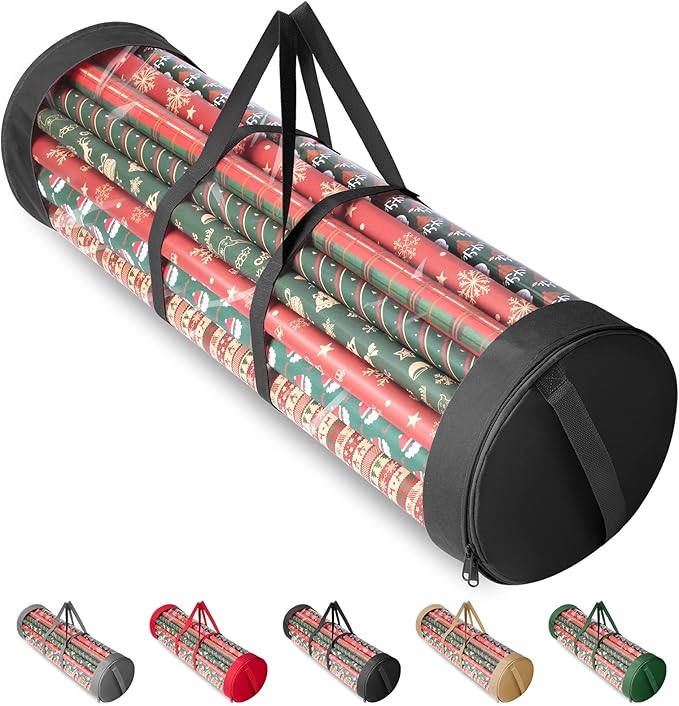 BALEINE Christmas Wrapping Paper Organizer Storage, 41" Gift Wrapping Paper Storage Containers, Clear PVC with Durable 600D Oxford Fabric Gift Wrap Paper Holder Fits 18-25 Rolls, Black