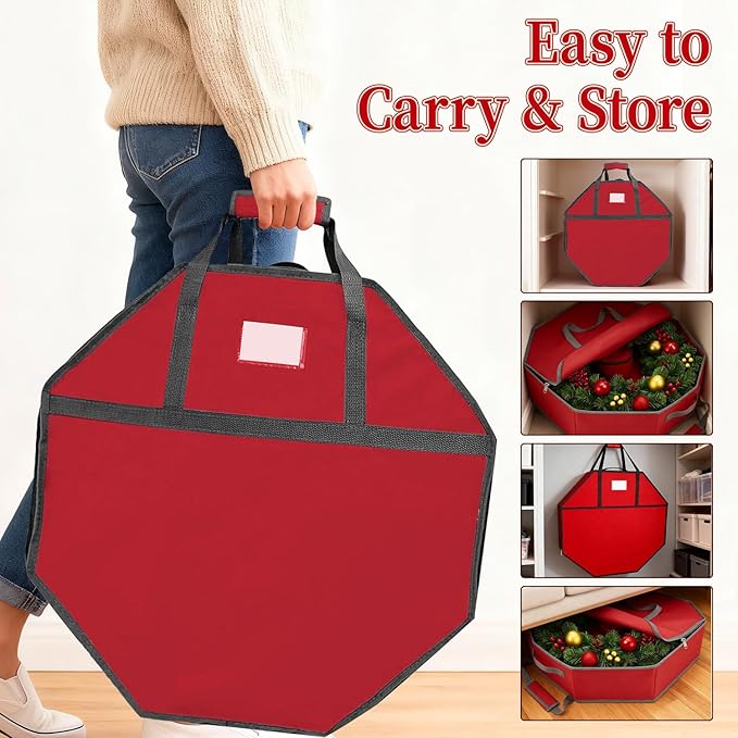 Christmas Wreath Storage Container, 24 Inch Tear-Resistant Dustproof Wreath Bag with Interior Pockets & Dual Handles and Zipper for Garland Ornament Holiday Decor Organizer