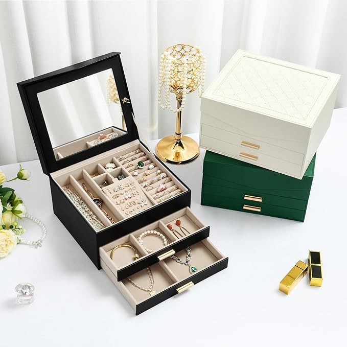Amearea Jewelry Box Organizer for Women Girls with Mirror, 3-Layer Large Jewelry Storage Case, Synthetic Leather Jewelry Holder Organizer with Removable Tray for Necklaces Earrings Rings, White