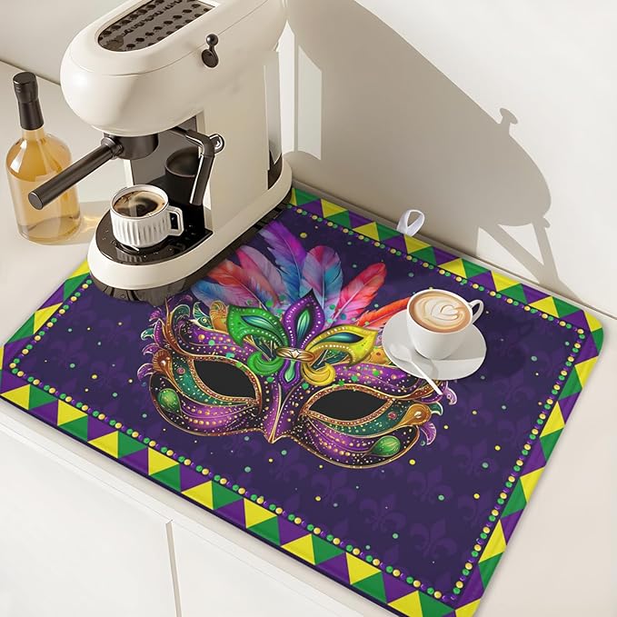 Wnoesat Mardi Gras Dish Drying Mat for Kitchen Counter Masquerade Mask Feather Drying Mats Absorbent Reversible Microfiber Washable Draining Pad Washable Dry Mat 18x24 Inch