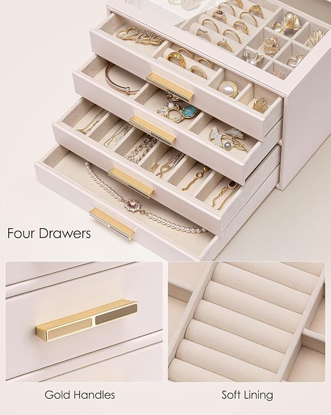 Vlando Jewelry Box for Women Girls,Jewelry Organzier,4 Drawers,Glass Lid Jewelry Display Storage for Gem Diamond Necklaces Rings Earrings Bracelets Apricot White