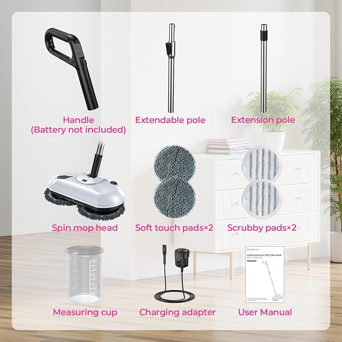 ScrubWiz Cordless Electric Mop, Electric Spin Mop with Water Spray, Powerful Floor Cleaner, Super Quiet Cleaning & Waxing, White