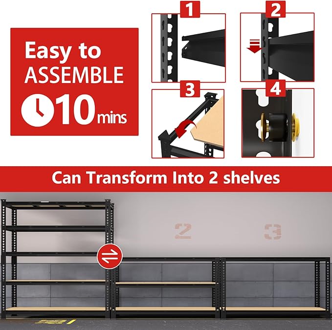 PrimeZone 60" W X 24" D X 72" H Heavy Duty Garage Storage Shelves - Adjustable Metal Shelving Unit, 5 Tier Industrial Shelves for Storage Standing Utility Rack for Warehouse, Basement, Black, 3 Pack