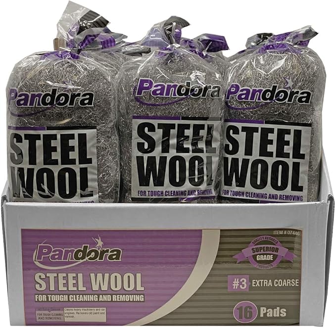 Pandora Steel Wool #3 – Extra Coarse Grade, 240 Pads for Tough Cleaning and Removing - Metal Strands - Ideal to Remove Rust, Grime, and Stubborn Stains
