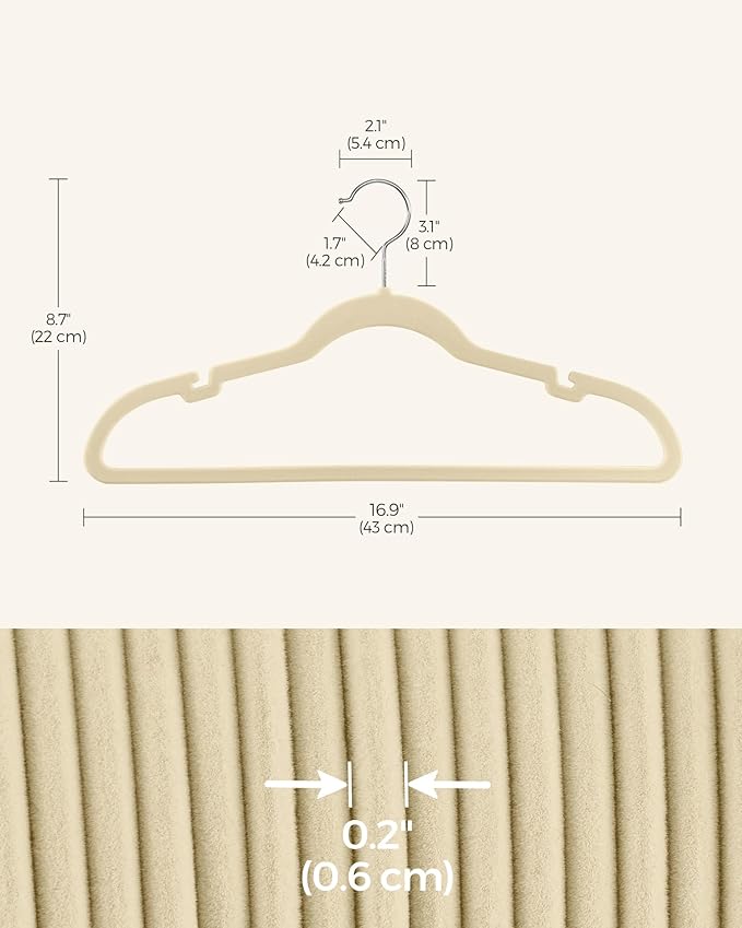 SONGMICS Velvet Hangers 100 Pack, Non-Slip Clothes Hangers with Shoulder Notches, Pants Bar, 360° Swivel Hook, Space-Saving, for Closet, Summer Sand UCRF029K100