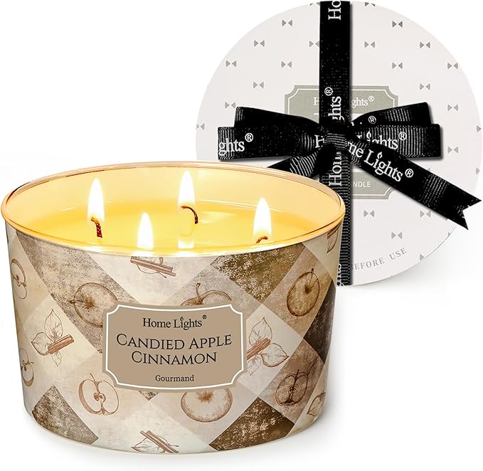 HomeLights Large jar Candle | 4-Wick Long-Lasting Scented Candles, 18oz Natural Soy Wax Candle for Home Scented, Rustic Modern Gifts for Women & Men, Candied Apple Cinnamon