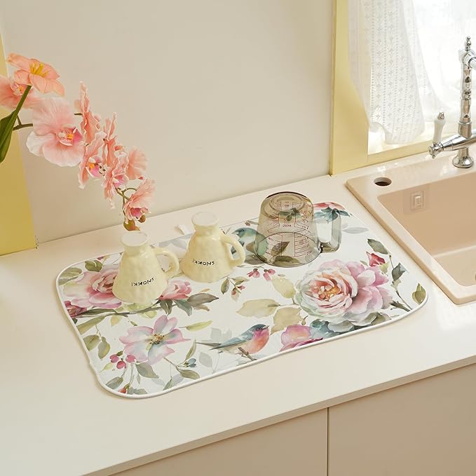 Floral Dish Drying Mat 18x24 Inch Watercolor Flower Bird Drying Mat Spring Summer Seasonal Absorbent Dish Drying Pad Dish Rack Drainer Mats for Kitchen Dining Counter