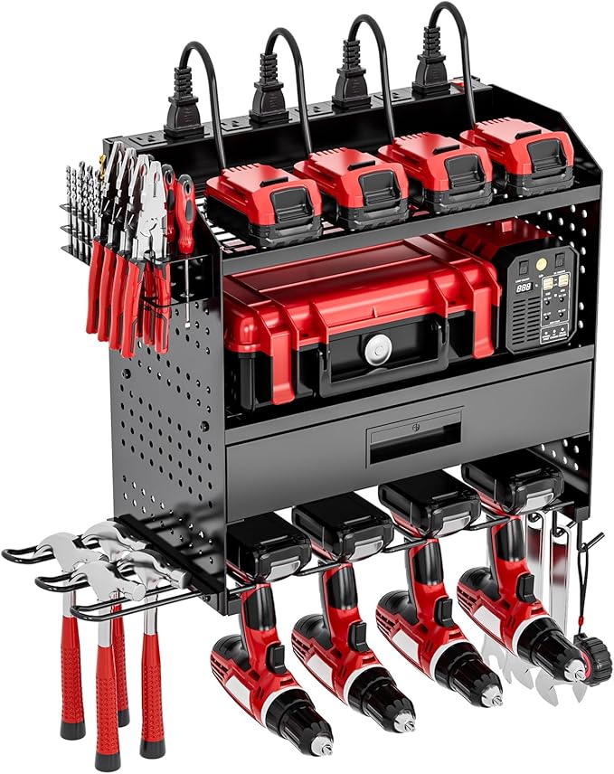 SEENWUUN Power Tool Organizer Wall Mount with Charging Station, 4 Layers Storage Rack with 6 Drill Holders & Battery Storage, Cordless Tool Organizer with Drawers for Garage, Workshop & Tool Room