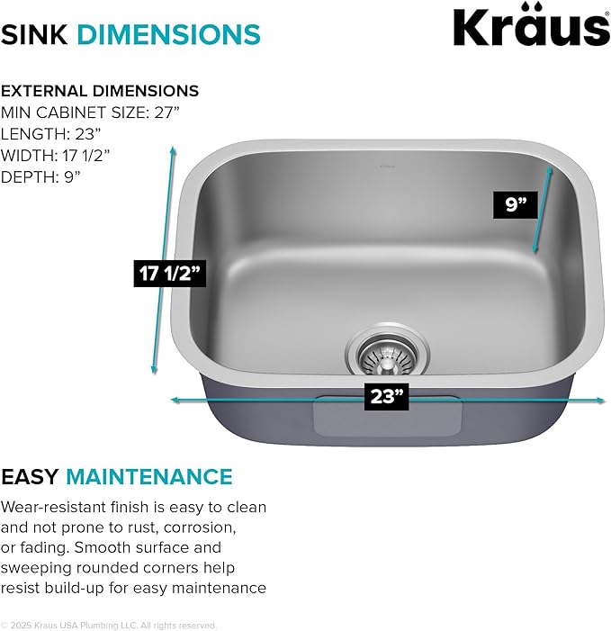 Kraus 23 Inch Stainless Steel Kitchen Sink, Durable 18 Gauge Single Bowl Kitchen Sinks Undermount, KBU12