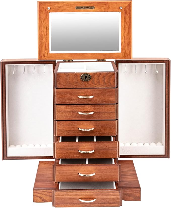 7 Layer Large Wooden Jewelry Box for Women Girls, Wood Organizer with Lock Catch for Jewelries, Necklaces, Rings, Vintage Storage Box with Mirror & 6 Drawers