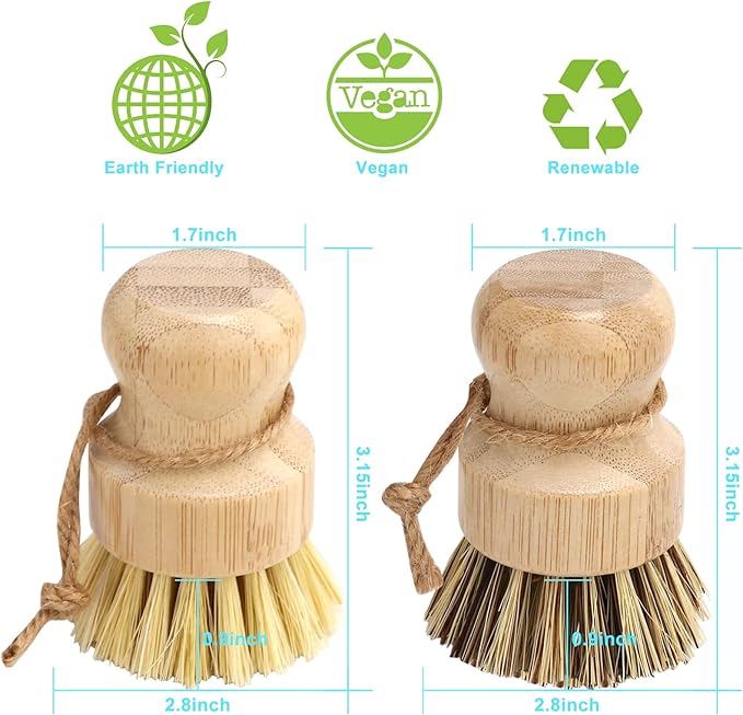 Aisuly Bamboo Dish Brush Set, 2 Pcs Palm Wooden Dish Scrubber Brush, Dish Brushes, Durable Wood Dishes Scrub Brush, Natural Round Vegetable Cleaning Pots Pans Sink Washing Kitchen Brush