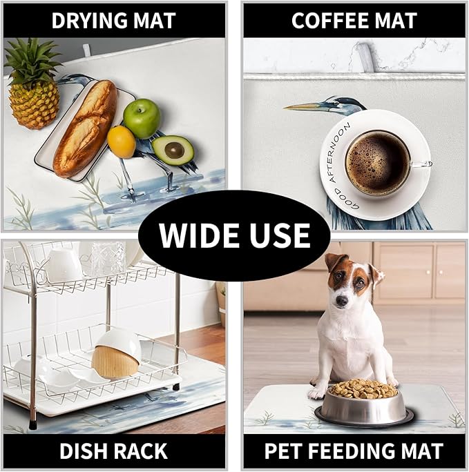 Kwlegh Summer Dish Drying Mat Blue White Heron Beach Absorbent Microfiber Drying Mats for Kitchen Counter Coastal Nautical Birds Dishes Drainer Mat Extra Large 18x24 Inch
