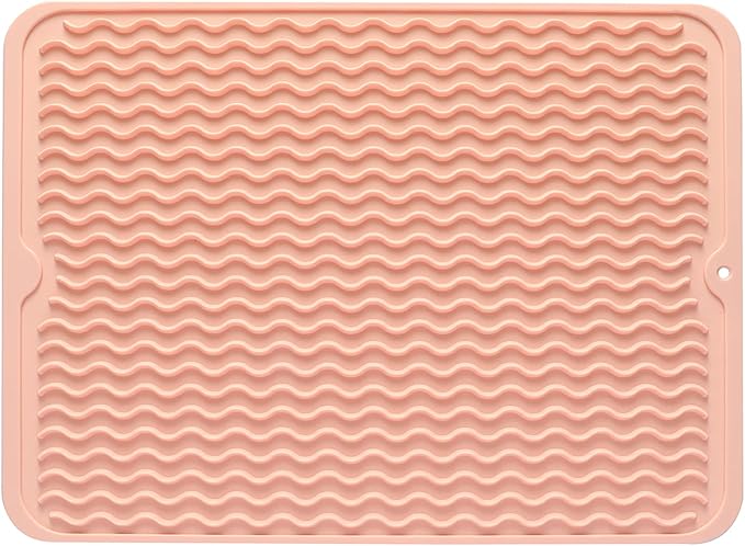 MicoYang Silicone Dish Drying Mat for Multiple Usage,Easy clean,Eco-friendly,Heat-resistant Silicone Mat for Kitchen Counter or Sink,Refrigerator or drawer liner Pink L 16 inches x 12 inches