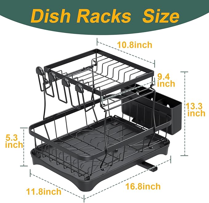 LIYI Dish Drying Rack,Large Dish Rack for Kitchen Counter,2-Tier Dish Racks with draining Tray,Detachable Capacity Dish Drainer Organizer,Black