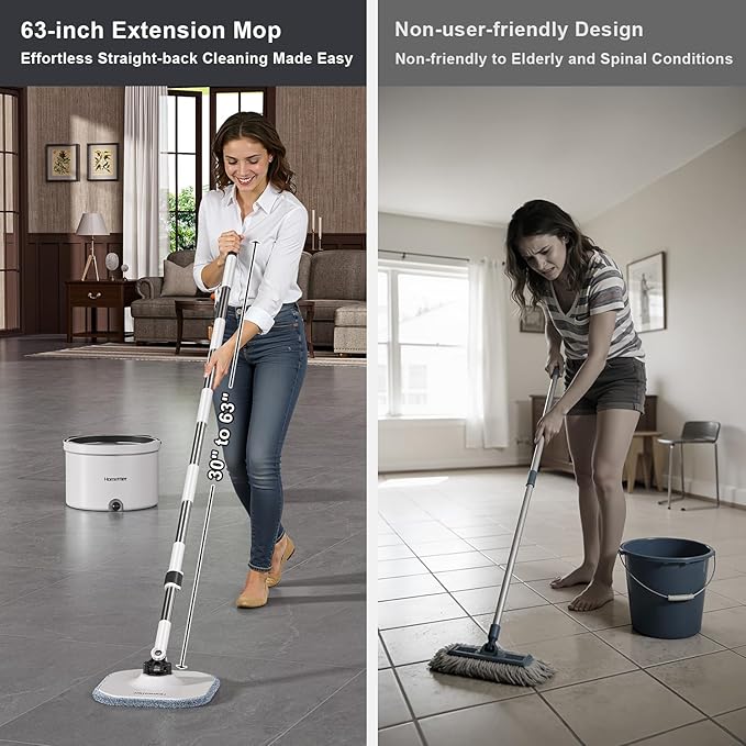 HoMettler Mop and Bucket Set, Dual-Tank Clean/Dirty Water Separation, with Triangular Head & 4 Microfiber Pads for Deep-Cleaning Floors, Versatile Mops for Walls