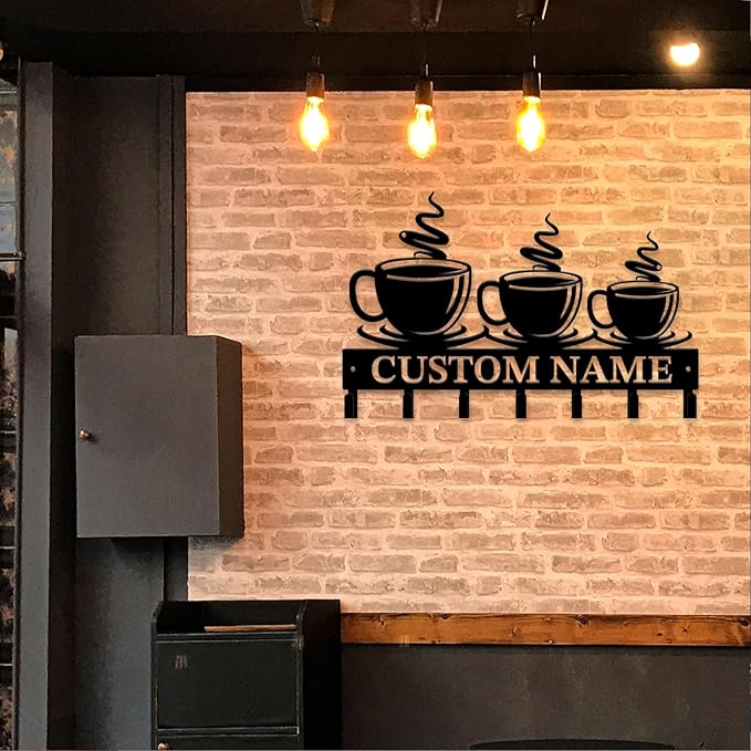 Personalized Custom Name Coffee Bar Wall Keys Hooks,Metal Coffee Shop Art Clothes Hooks,Metal Coffee Lover Wall Home Storage Decorative,For Front Door, Hallway, Kitchen, Bedroom,Keys,Hats (Style I)