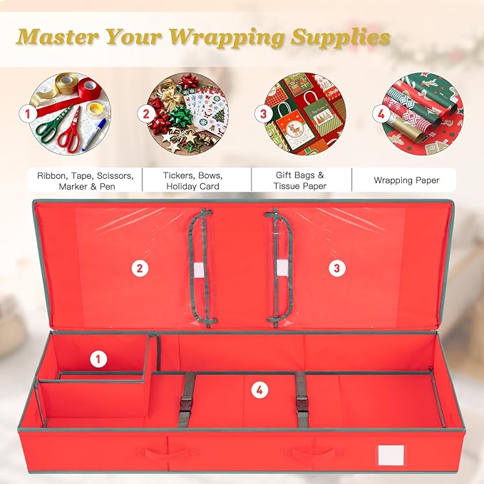 Criusia Gift Wrapping Paper Organizer Storage, Durable Underbed Storage Container Fits 24 Rolls, with Removable Dividers and Pockets for Ribbon, Ornaments, Holiday Accessories, Red