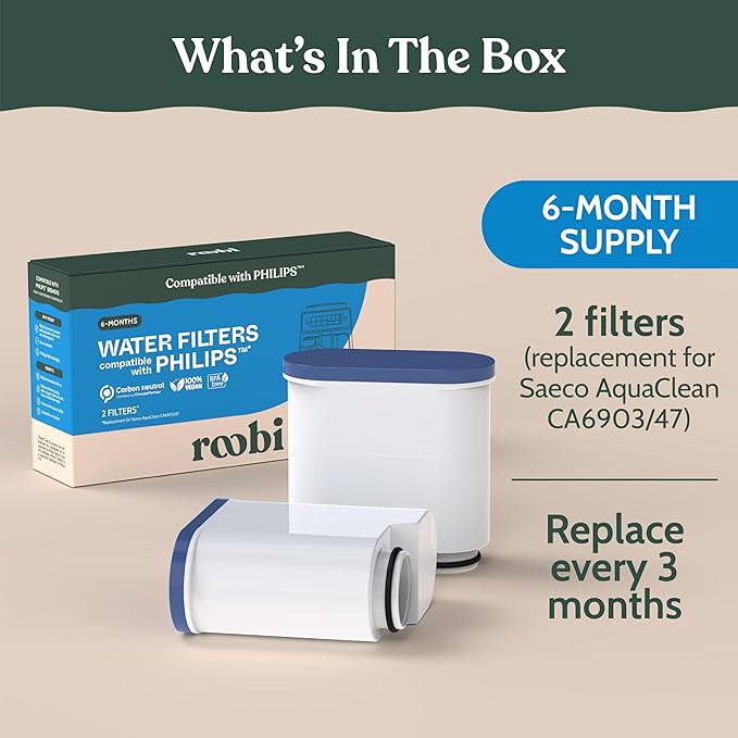 Roobi Compatible Philips Water Filters. Specially Designed for Philips Coffee Machines, Carbon Neutral Aqua Clean Water Filters. 2 Pack, 6 Months Supply.