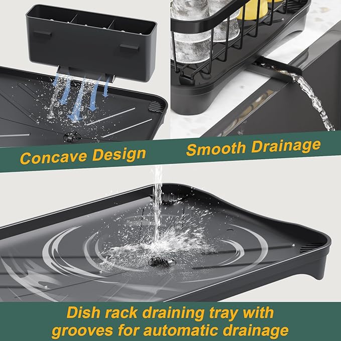 LIYI Dish Drying Rack,Adjustable Spout Design,Kitchen Dish Racks,Made of Iron Material,with Removable Draining Board,Suitable for Kitchen and Caravan Use Scenarios,Black