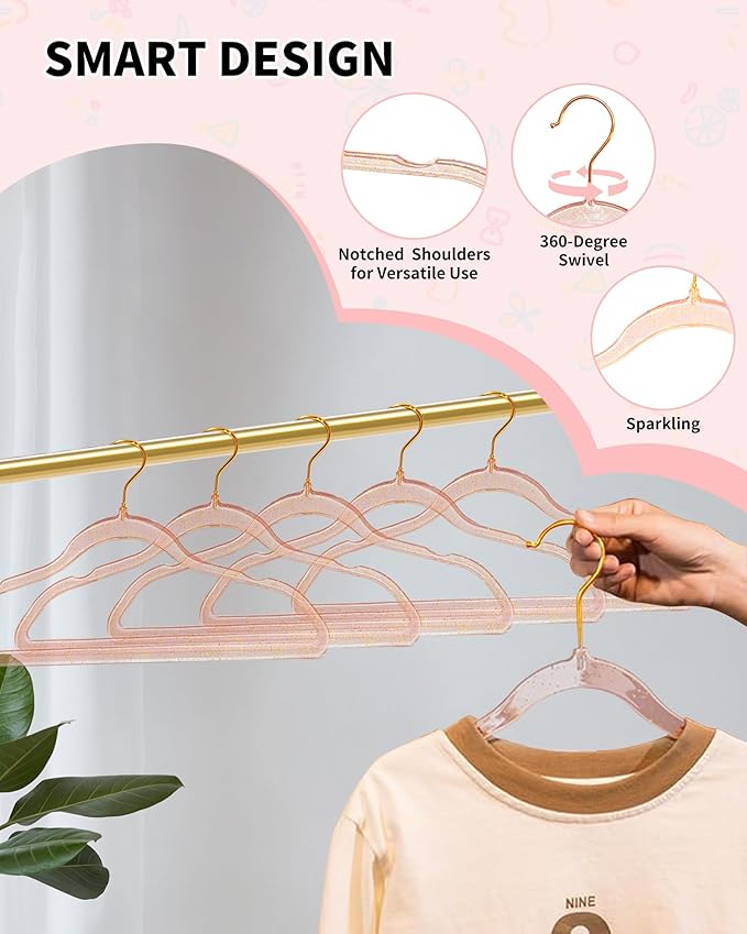 HGYZE Kids Hangers, Plastic Baby Clothes Hanger 50pcs Toddler Hangers, Clear-Pink Sparkling Hangar with Gold Glitter for Girl Nursery Children Coat Sweater, Small Hanger for Infant Newborn Closet