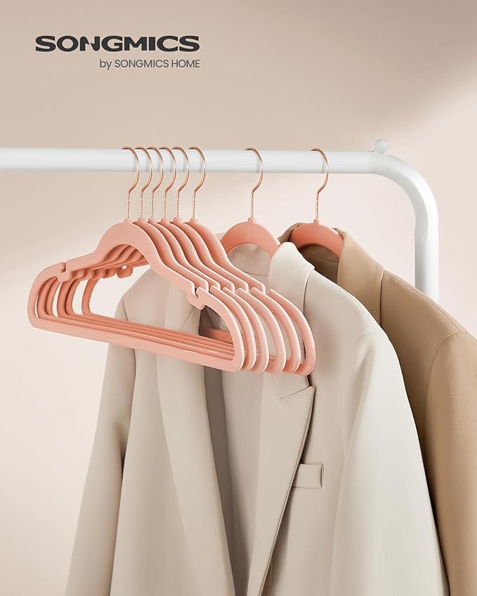 SONGMICS Velvet Hangers 50 Pack, Non-Slip Clothes Hangers, Suit Hangers with Shoulder Notches, Pants Bar, 360° Swivel Hook, Space-Saving, for Closet, Jelly Pink UCRF029PK05