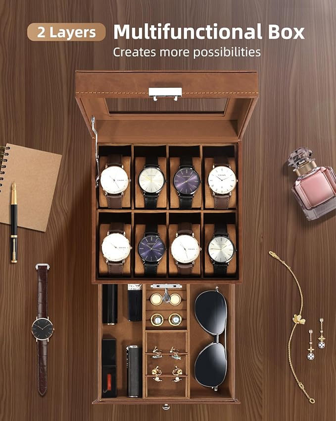 Uten 8-Slot Watch Box, 2-Layers PU Leather Watch Case with Glass Lid, Watch Holder Organizer with Soft Pillow and Velvet Lining, Watch and Jewelry Storage Box, Brown
