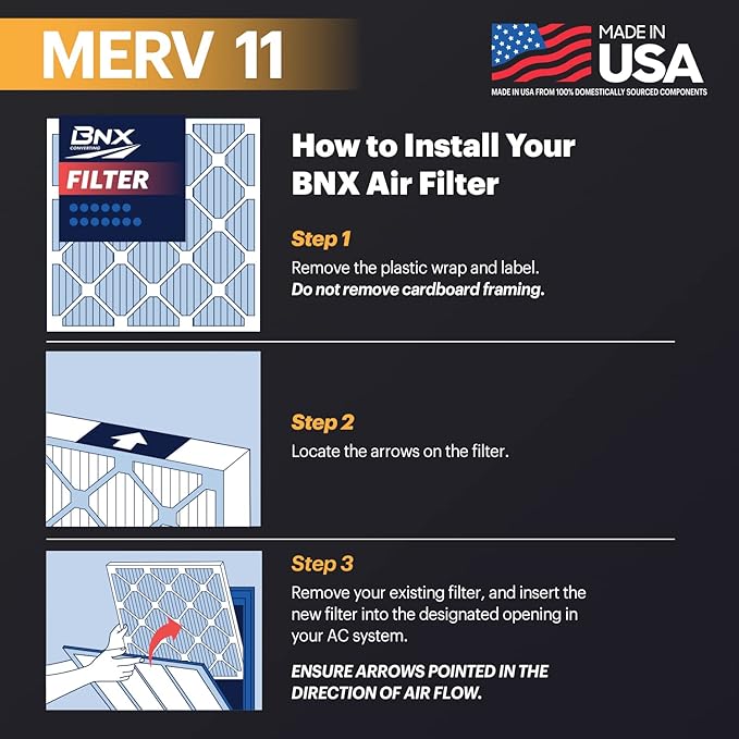 BNX TruFilter 20x25x1 Air Filter MERV 11 (12-Pack) - MADE IN USA - Allergen Defense Electrostatic Pleated Air Conditioner HVAC AC Furnace Filters for Allergies, Dust, Pet, Smoke, Allergy MPR 1200 FPR