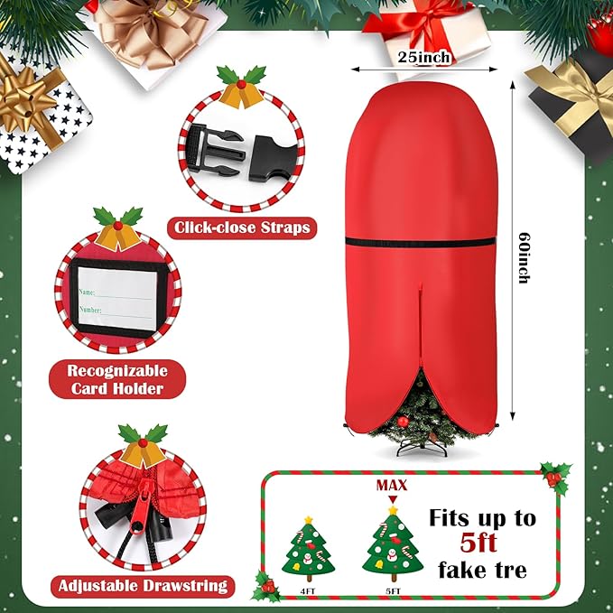 SATINIOR 6 Pcs Upright Christmas Tree Storage Bag Set 5 Ft Christmas Tree Storage Bag 26" Xmas Wreath Containers 11.8" Ornament Bags with Dividers Hold 64 Balls for Artificial Trees Garland(Red)