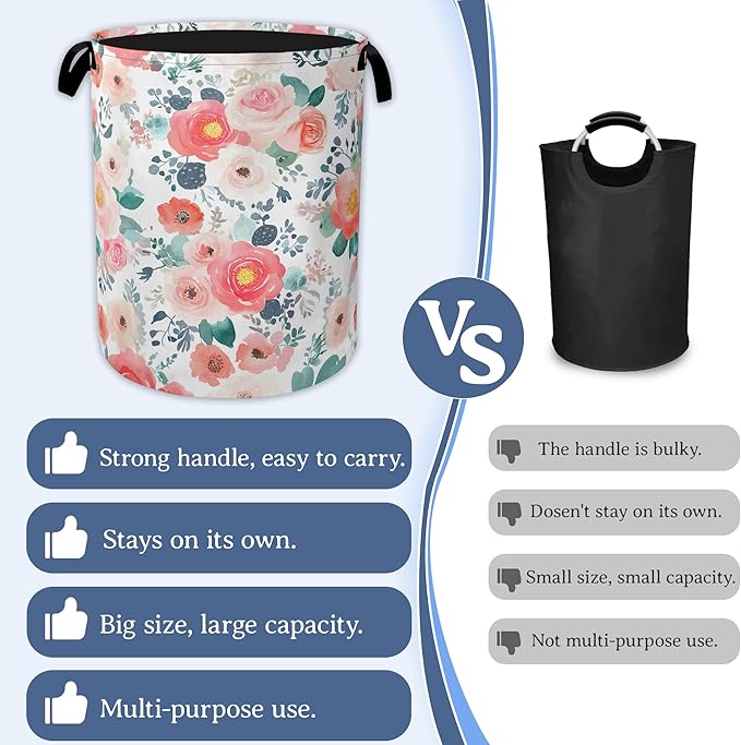 Pink Flowers Laundry Basket,Foldable Waterproof Oxford Cloth Tote Bag Cactus Laundry Hamper with Handles,20.8"x16" Clothes Storage Bucket Organizer for Laundry Room, Bathroom, Bedroom