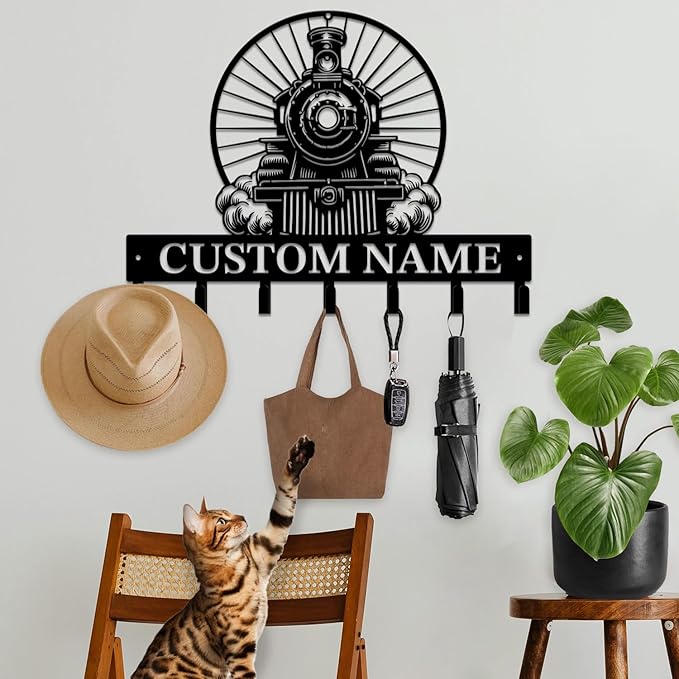 Personalized Train Metal Keys Hooks,Custom Name Metal Train Keys Hooks,Black Metal Train Wall Home Storage Decorative Keys Hooks,Key Holder Hooks for Wall (Style K)