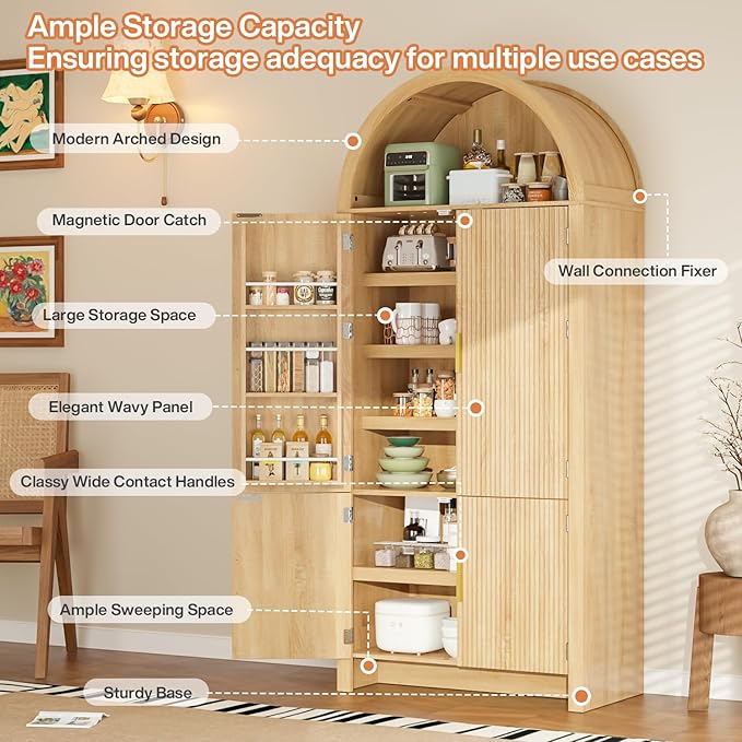 71" Tall Arched Pantry Cabinet, Arched Fluted Kitchen Storage Cabinet with Doors and Adjustable Shelves, Modern Natural Wood Cupboard Organizer for Kitchen, Dining Room, Living Room