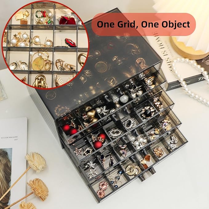 Feadily Acrylic Jewelry Organizer Box, Jewelry Drawer Organizer With 5 Drawers 120 Grids, Black