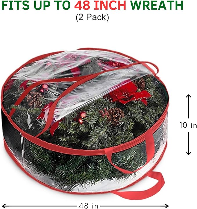 ProPik Christmas Wreath Storage Bag - 2 Pack Artificial Christmas Wreath Storage Container- Garland Holiday Wreath Storage Holder –Water Proof Transparent Clear PVC - with Handles (Red, 48 Inch)