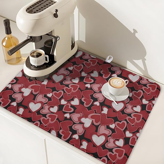 Valentines Day Dish Drying Mat for Kitchen Counter 24x18 Inch Love Drying Mat with Absorbent Reversible Microfiber Black Red Grey Heart Dish Drainer Mats Rack Pad for Coffee Countertop Protector