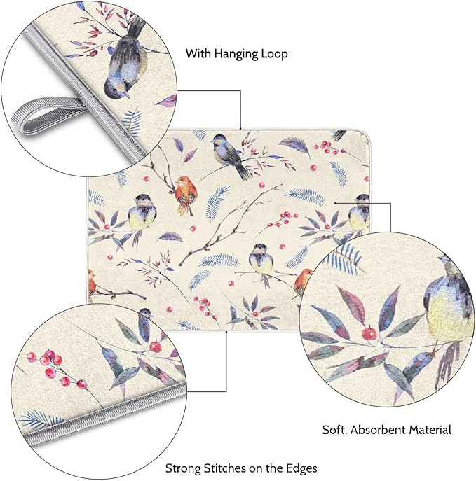 Hexteria Vintage Birds Dish Drying Mat Microfiber Kitchen Drying Mat Dish Drying Mats for Kitchen Counter Absorbent Quick Drying Pad 18x24 Inch